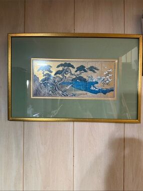 Framed Oriental Landscape Art Print in Gold Frame with Green Mat